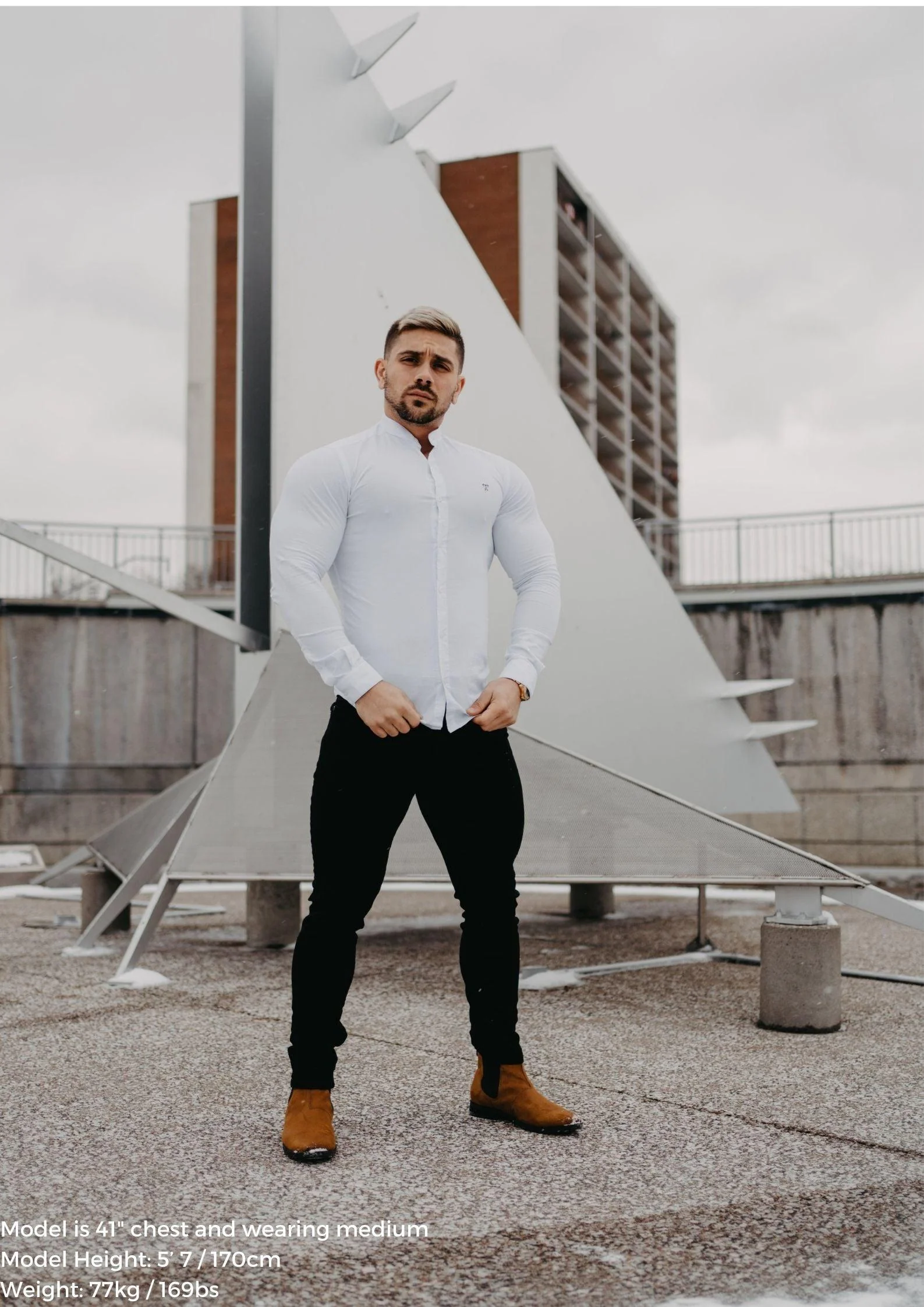 Grandad Collar White Tapered Fit Bodybuilder Shirt - Image 7