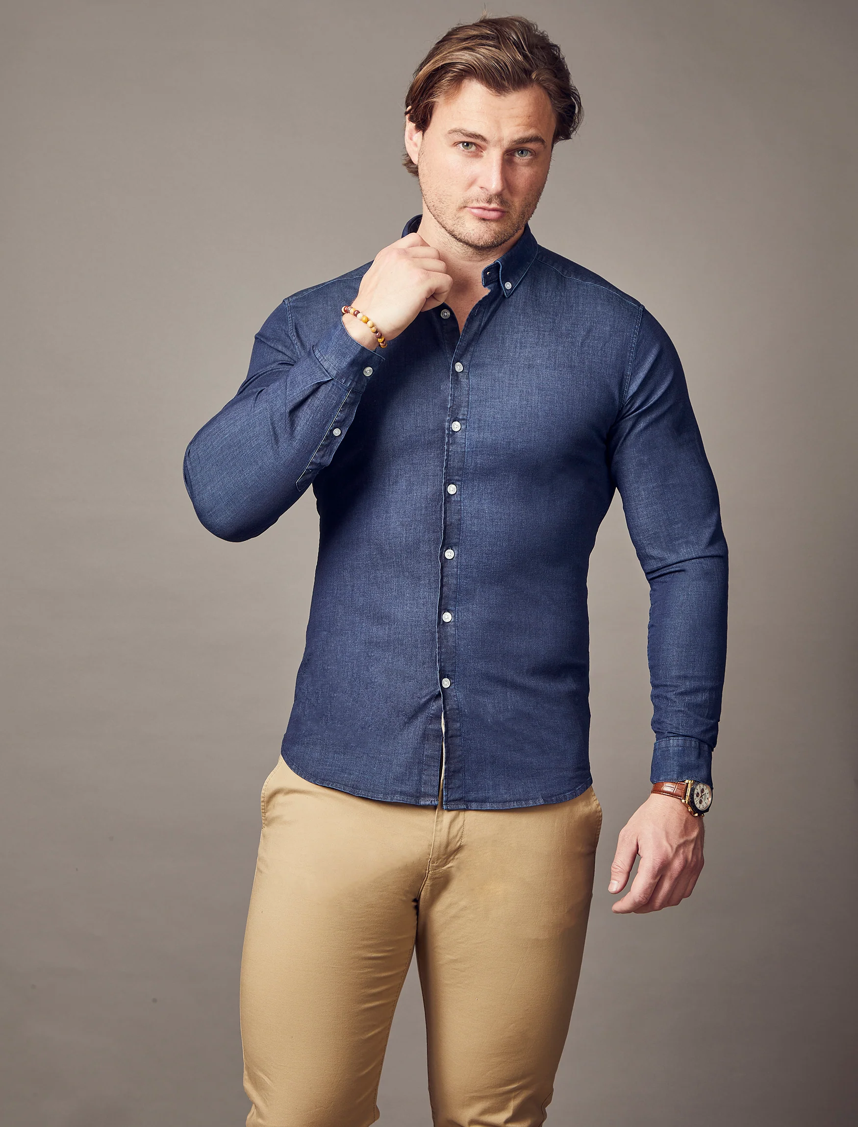 Navy Denim Tapered Fit Shirt - Image 2